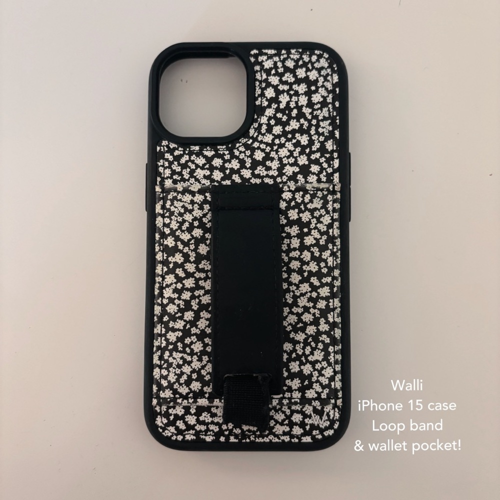Walli iPhone 15 Case - Black & White Floral with Loop Band & Card Holder